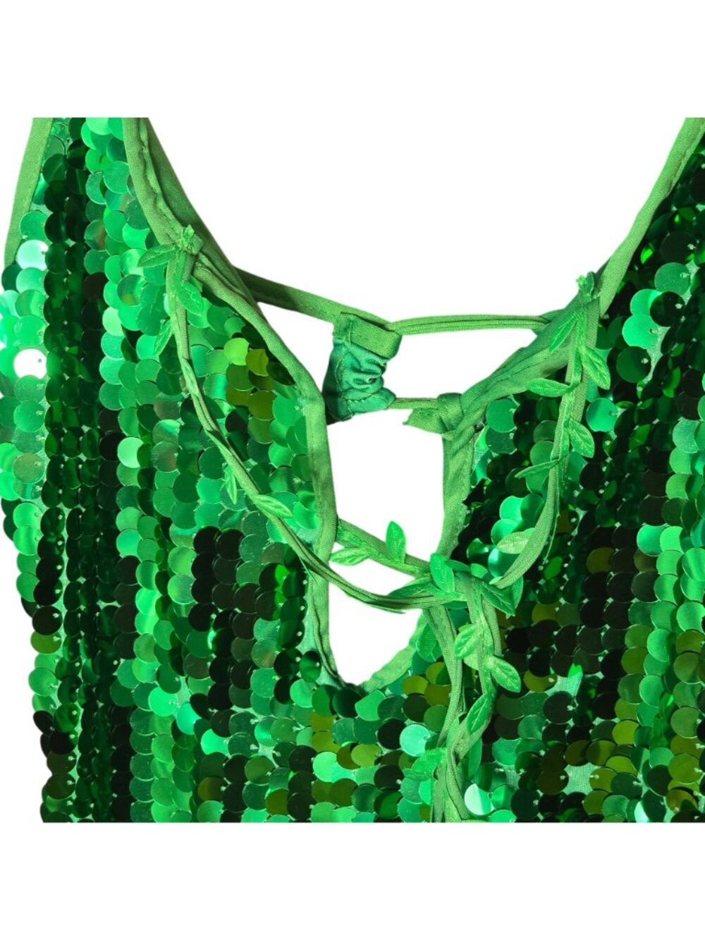 Tipsy Elves Green Sequin Ivy Costume Medium Lace Up Leaf Romper Fairy - Picture 4 of 14